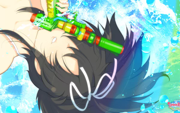 Video game HD PC desktop wallpaper of SENRAN KAGURA Peach Beach Splash: close-up of a female character holding a colorful water gun, hair and water splashing across a vibrant blue background.