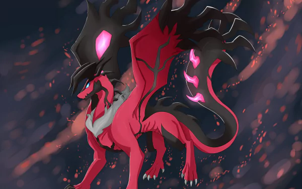 4K Ultra HD anime-style wallpaper featuring Yveltal, the dark and legendary Pokémon, with glowing red and black wings against a smoky background.