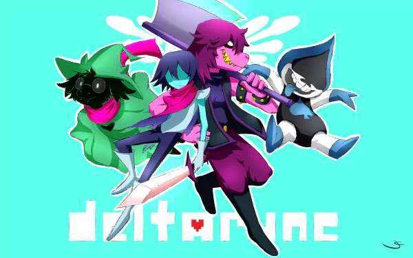 HD PC desktop wallpaper featuring Deltarune characters Lancer, Susie, Kris, and Ralsei in dynamic poses against a bright turquoise background with the Deltarune logo.