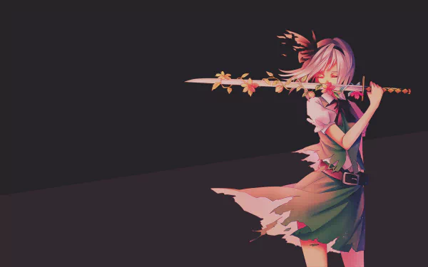 Anime-style HD desktop wallpaper featuring Youmu Konpaku from Touhou, holding a katana with falling leaves in a dark, minimalist background.