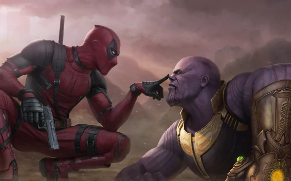 HD desktop wallpaper featuring Deadpool playfully poking Thanos' nose in a vibrant crossover scene from their respective movies, set against a dramatic background.
