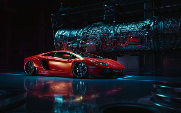 A stunning HD wallpaper featuring a bright red Lamborghini Aventador LP 700-4 supercar under futuristic lighting, creating a sleek and high-tech background.