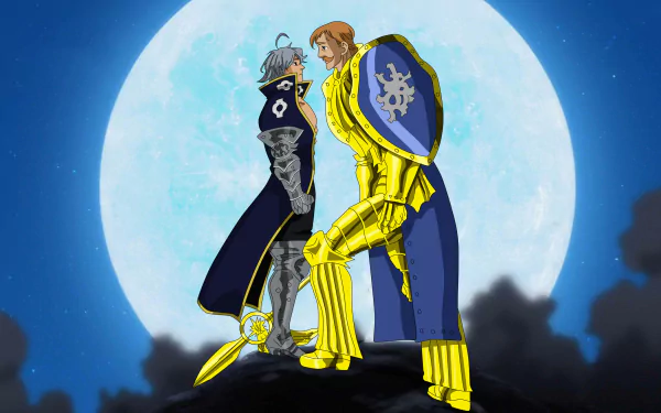 HD anime desktop wallpaper featuring Escanor and Estarossa from The Seven Deadly Sins standing face to face under a large full moon.