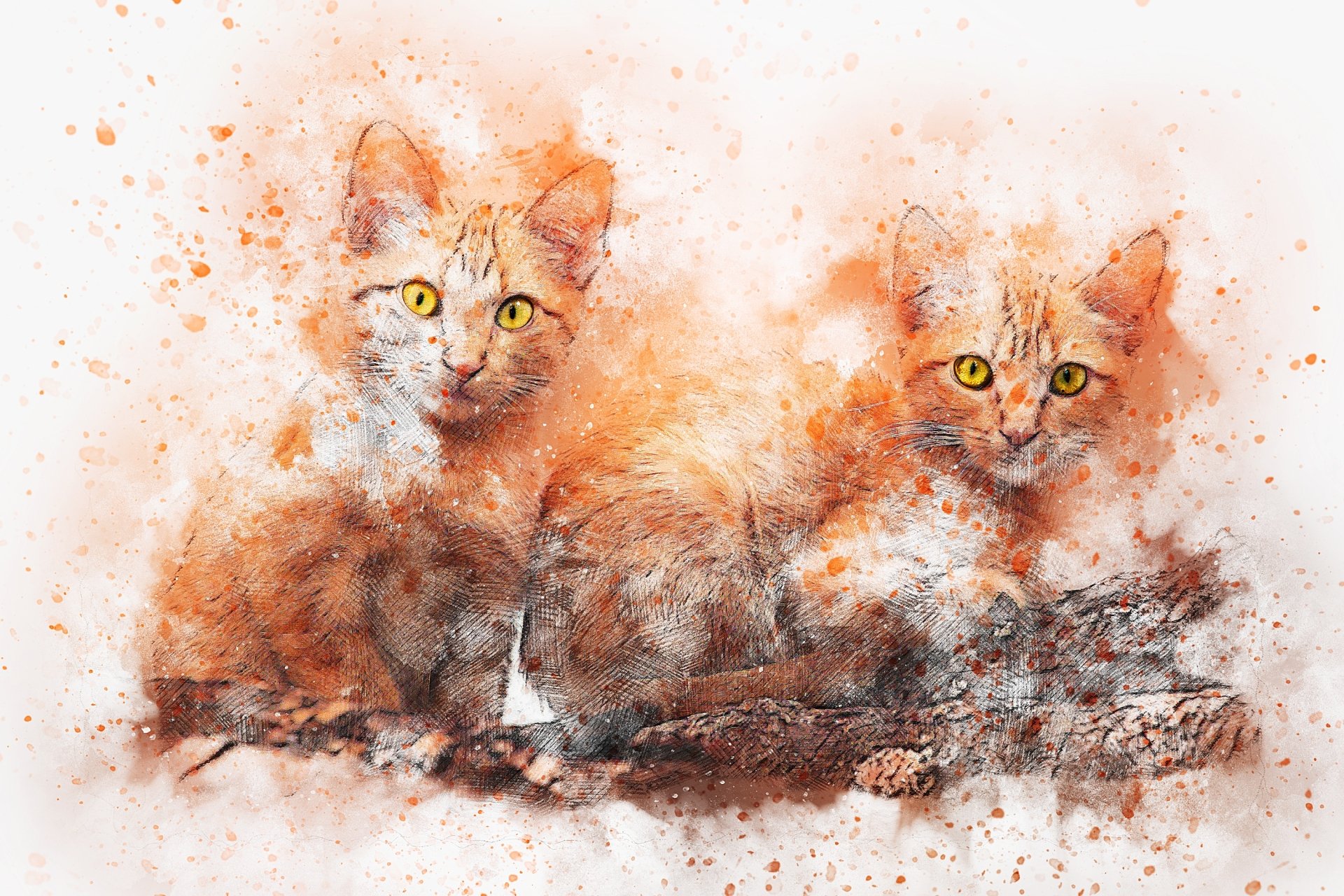 HD painting of two orange cats with yellow eyes, surrounded by artistic splashes of orange. This desktop wallpaper and background captures the serene and curious demeanor of the cats.