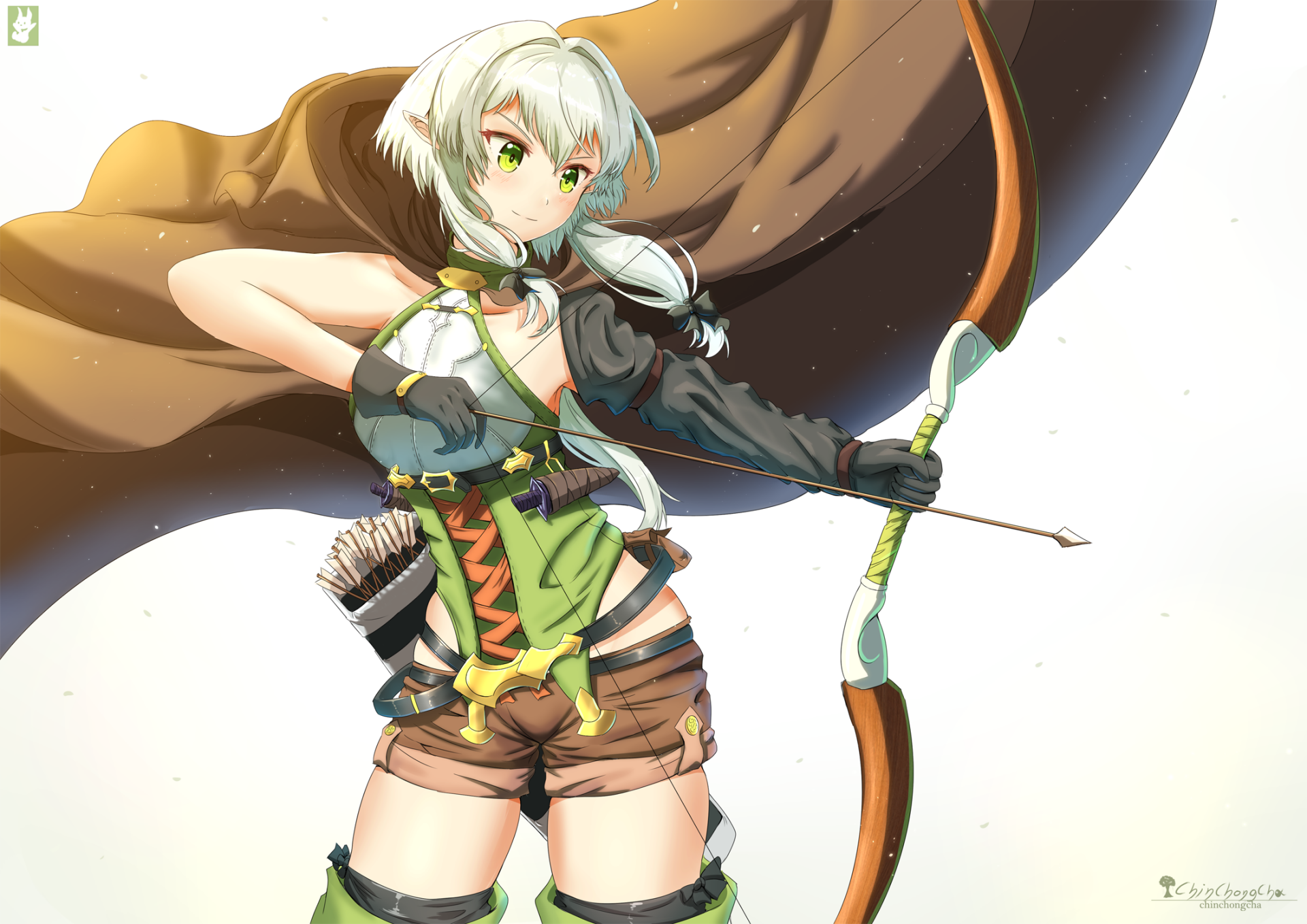 HD anime wallpaper featuring a confident High Elf Archer from Goblin Slayer, poised with bow drawn and ready, set against a bright background.