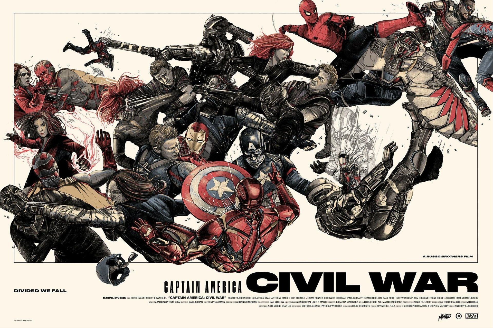 Movie HD PC desktop wallpaper: Captain America: Civil War comic-style art showing Captain America, Iron Man and other Marvel heroes locked in a dynamic mid-battle composition.