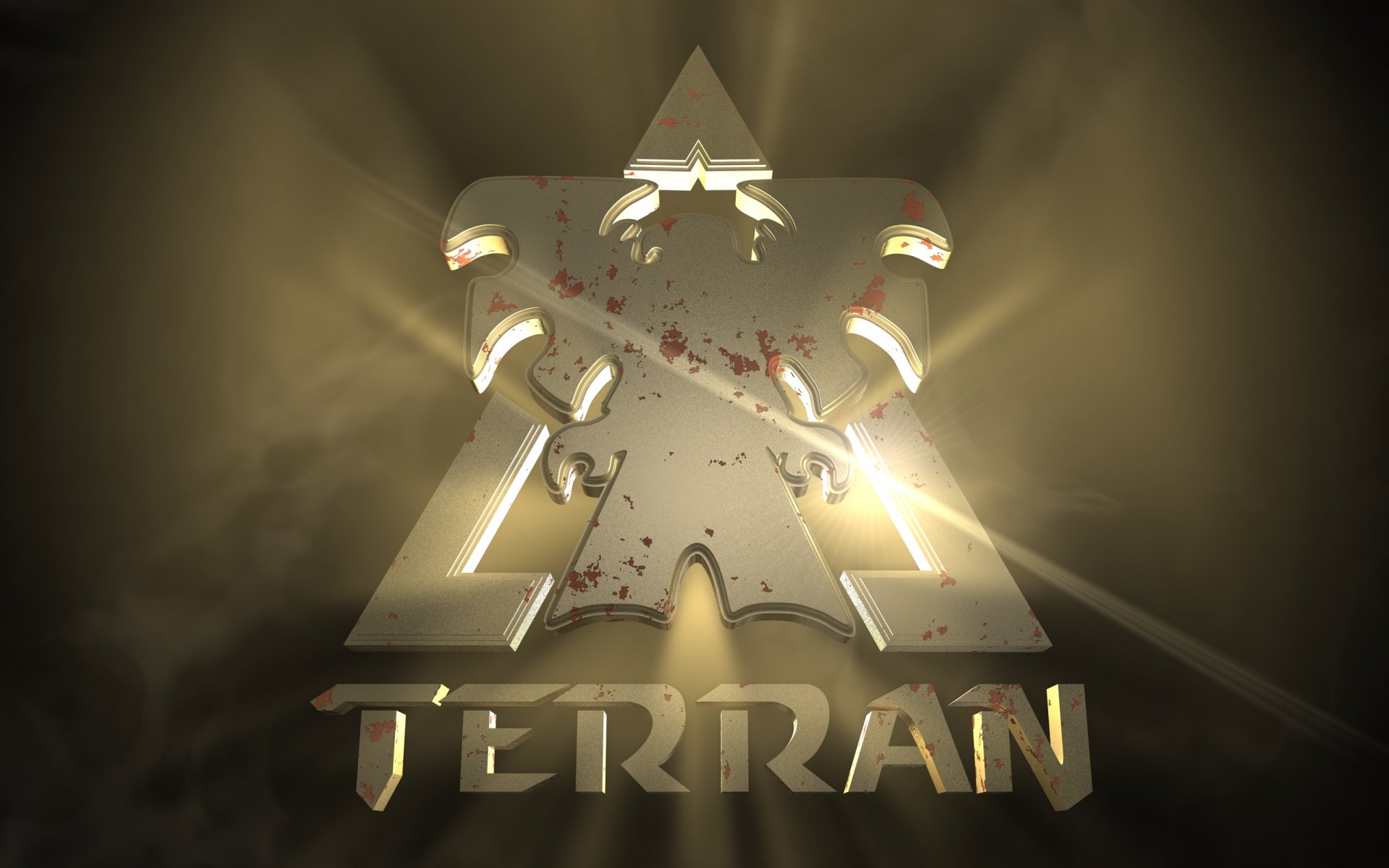 HD PC desktop wallpaper featuring the metallic Terran logo from the video game Starcraft, glowing with light and set against a dark, smoky background.