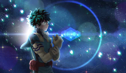 Izuku Midoriya (My Hero Academia) in profile, clenched fist glowing, against a starry neon cosmic backdrop — 4K Ultra HD anime PC desktop wallpaper.