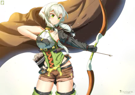 HD anime wallpaper featuring a confident High Elf Archer from Goblin Slayer, poised with bow drawn and ready, set against a bright background.