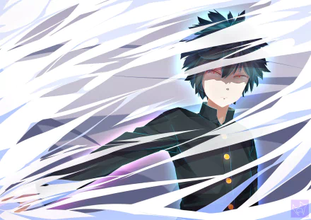 HD desktop wallpaper featuring Shigeo Kageyama from the anime Mob Psycho 100, with intense energy swirls and a focused expression.