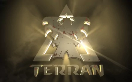 HD PC desktop wallpaper featuring the metallic Terran logo from the video game Starcraft, glowing with light and set against a dark, smoky background.