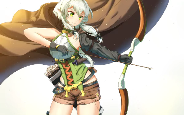 HD anime wallpaper featuring a confident High Elf Archer from Goblin Slayer, poised with bow drawn and ready, set against a bright background.