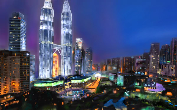 HD anime cityscape featuring brightly lit skyscrapers and vibrant urban lights, designed as a detailed PC desktop wallpaper and background.