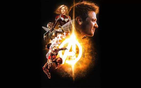 HD PC desktop wallpaper featuring Hawkeye, Captain Marvel, Wasp, and Ant-Man from Avengers EndGame with a glowing Avengers symbol at the center.