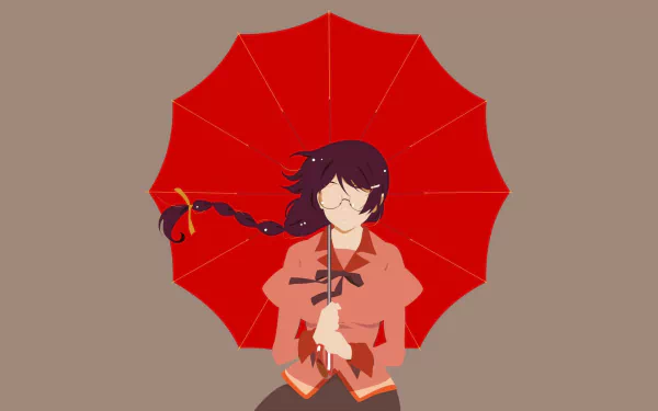 Tsubasa Hanekawa from the Monogatari anime series, braided hair and closed eyes, holding a red umbrella on a muted background — HD PC desktop wallpaper/background.