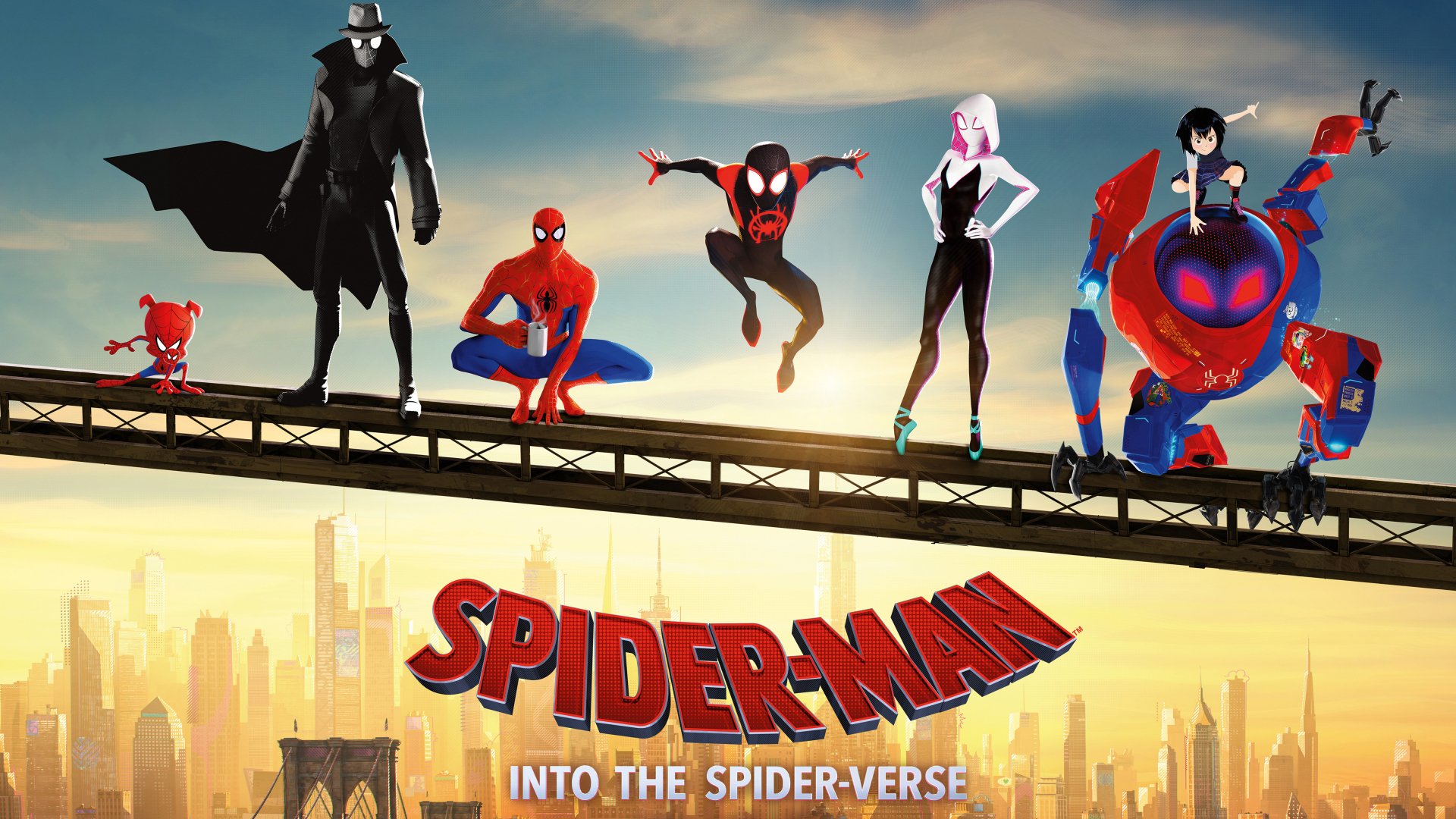 A vibrant and dynamic desktop wallpaper featuring Spider-Gwen and other characters from Spider-Man: Into The Spider-Verse.