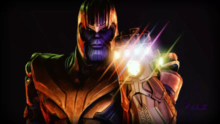 HD desktop wallpaper featuring Thanos from Avengers: Infinity War, showcasing the Infinity Gauntlet. Inspired by his Fortnite appearance, he is adorned in his iconic armor.