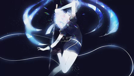 HD PC desktop wallpaper featuring Diamond from the anime Land of the Lustrous, showcasing a glowing, dynamic pose with vibrant blue and white light effects.