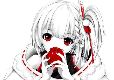 HD anime-style wallpaper featuring Kotone Tenjin, a Virtual YouTuber, with striking red eyes and hair accessories, holding a red apple close to her face.