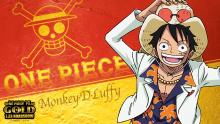 HD desktop wallpaper featuring Monkey D. Luffy from the anime One Piece with the iconic Jolly Roger and bold red and yellow background.