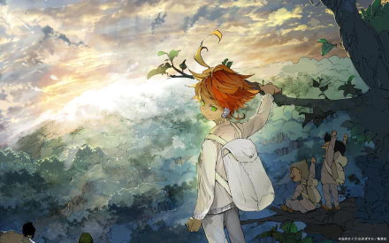 HD desktop wallpaper featuring Emma from the anime The Promised Neverland. Emma stands on a tree branch, overlooking a lush forest with a dramatic sky in the background.