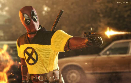 Deadpool in a yellow X-Men uniform firing a gun, set against a smoky background, featured in a 4K Ultra HD Deadpool 2 movie PC desktop wallpaper.