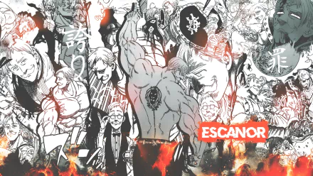 HD desktop wallpaper featuring Escanor from the anime The Seven Deadly Sins. The dynamic background showcases multiple illustrations of Escanor in action, with a mix of black and white sketches and vibrant flames.