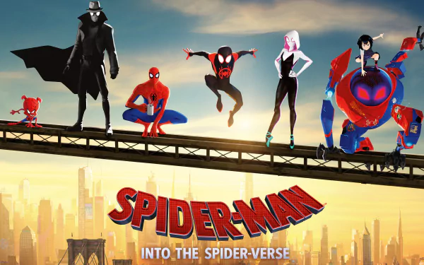 A vibrant 4K Ultra HD wallpaper featuring Spider-Gwen and various Spider-Men from Spider-Man: Into The Spider-Verse against a city skyline backdrop.