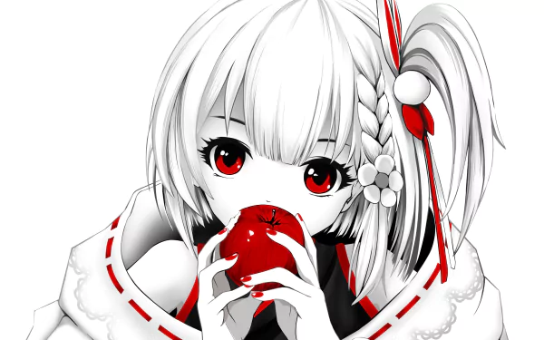HD anime-style wallpaper featuring Kotone Tenjin, a Virtual YouTuber, with striking red eyes and hair accessories, holding a red apple close to her face.