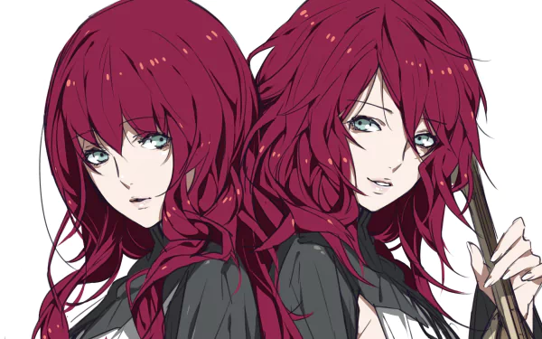 HD PC desktop wallpaper featuring Devola and Popola from the video game Nier, showcasing their detailed red hair and expressive faces.