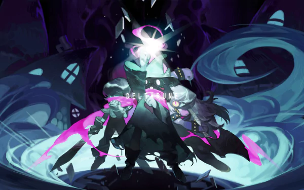 HD desktop wallpaper featuring Susie, Ralsei, and Kris from the video game Deltarune, with dynamic poses and a vividly colorful background.