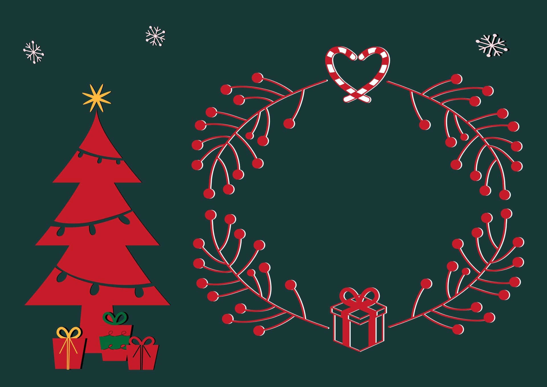 Minimalist Christmas tree with presents and a festive red berry wreath featuring a heart-shaped candy cane, captured in 4K Ultra HD holiday wallpaper style.