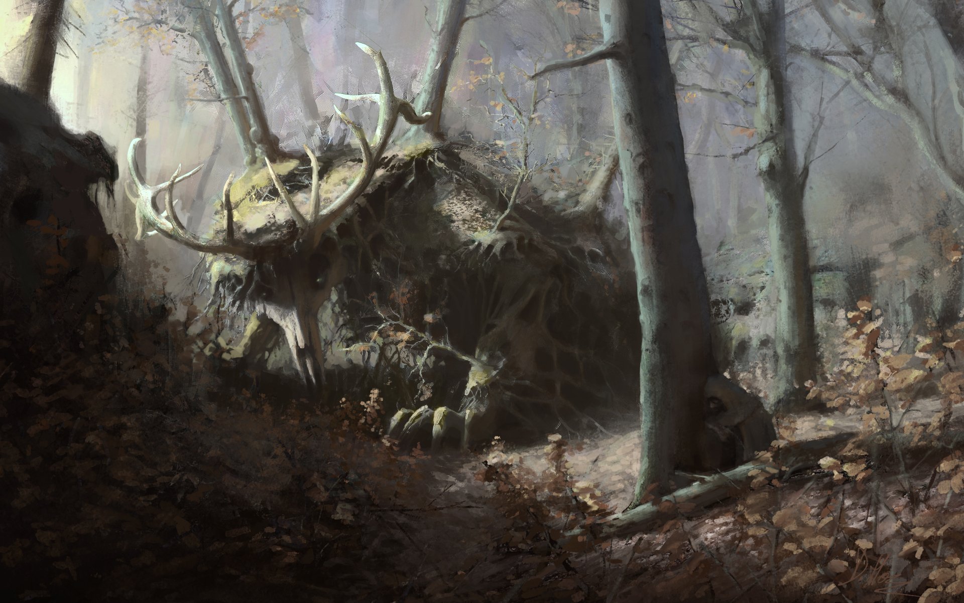 HD fantasy desktop wallpaper featuring a mysterious horned creature blending into a foggy, eerie forest setting.