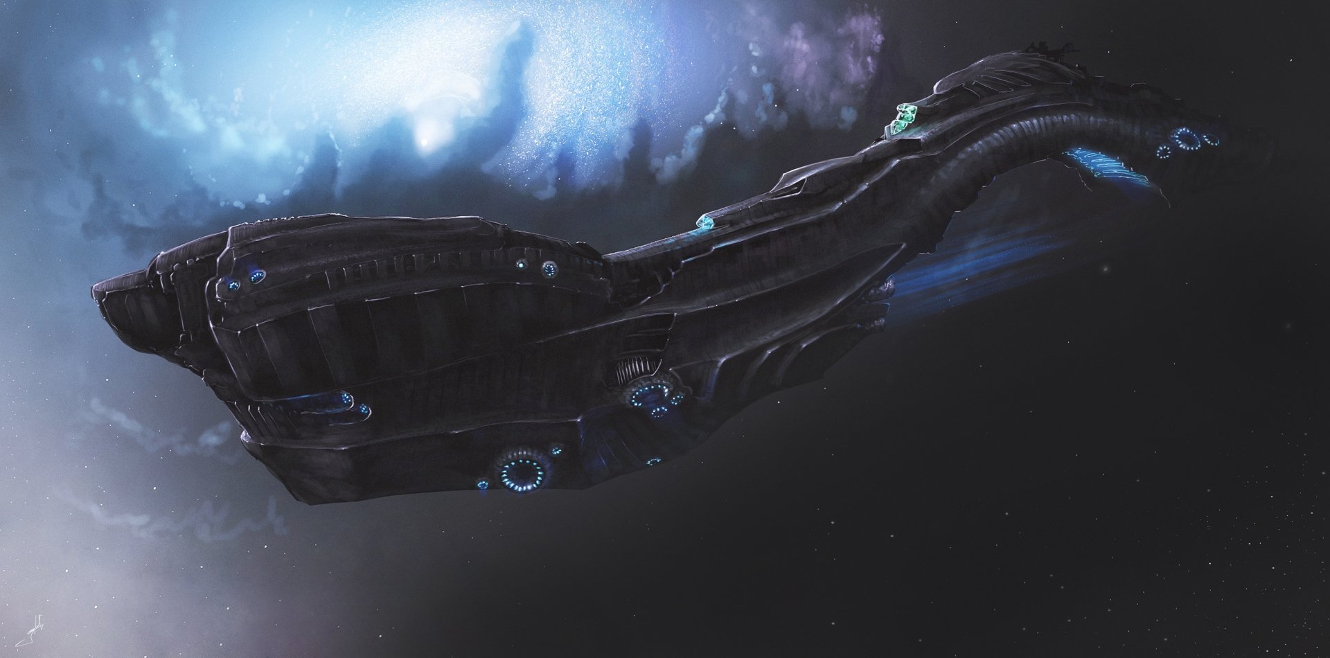 Sci-fi spaceship gliding past a glowing nebula — HD PC desktop wallpaper and background featuring a sleek dark hull with blue engine lights.