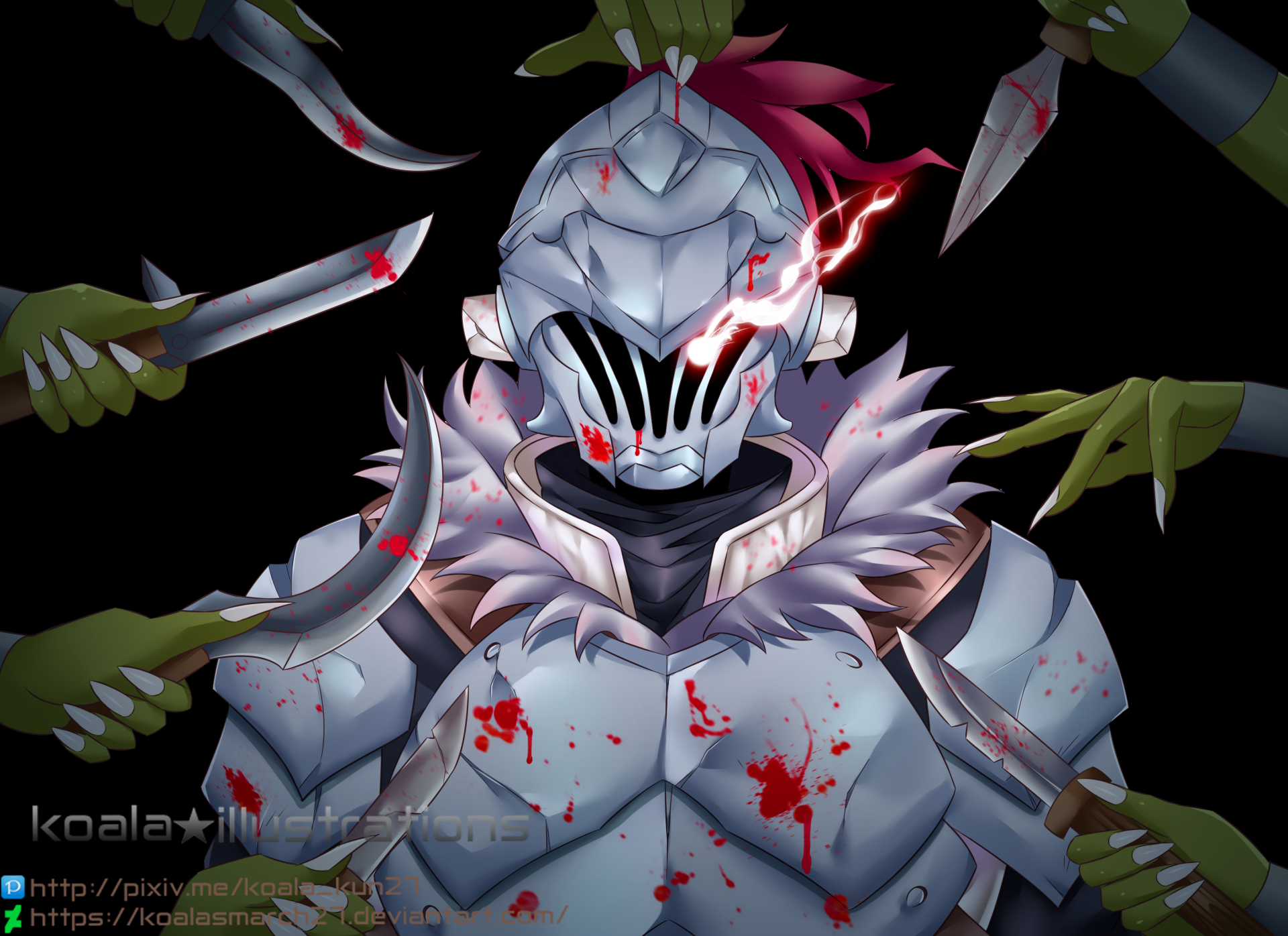 Goblin Slayer anime 2K Quad HD PC desktop wallpaper: armored, helmeted warrior splattered with blood, red eye glow, surrounded by goblin hands and flying daggers on a black background.