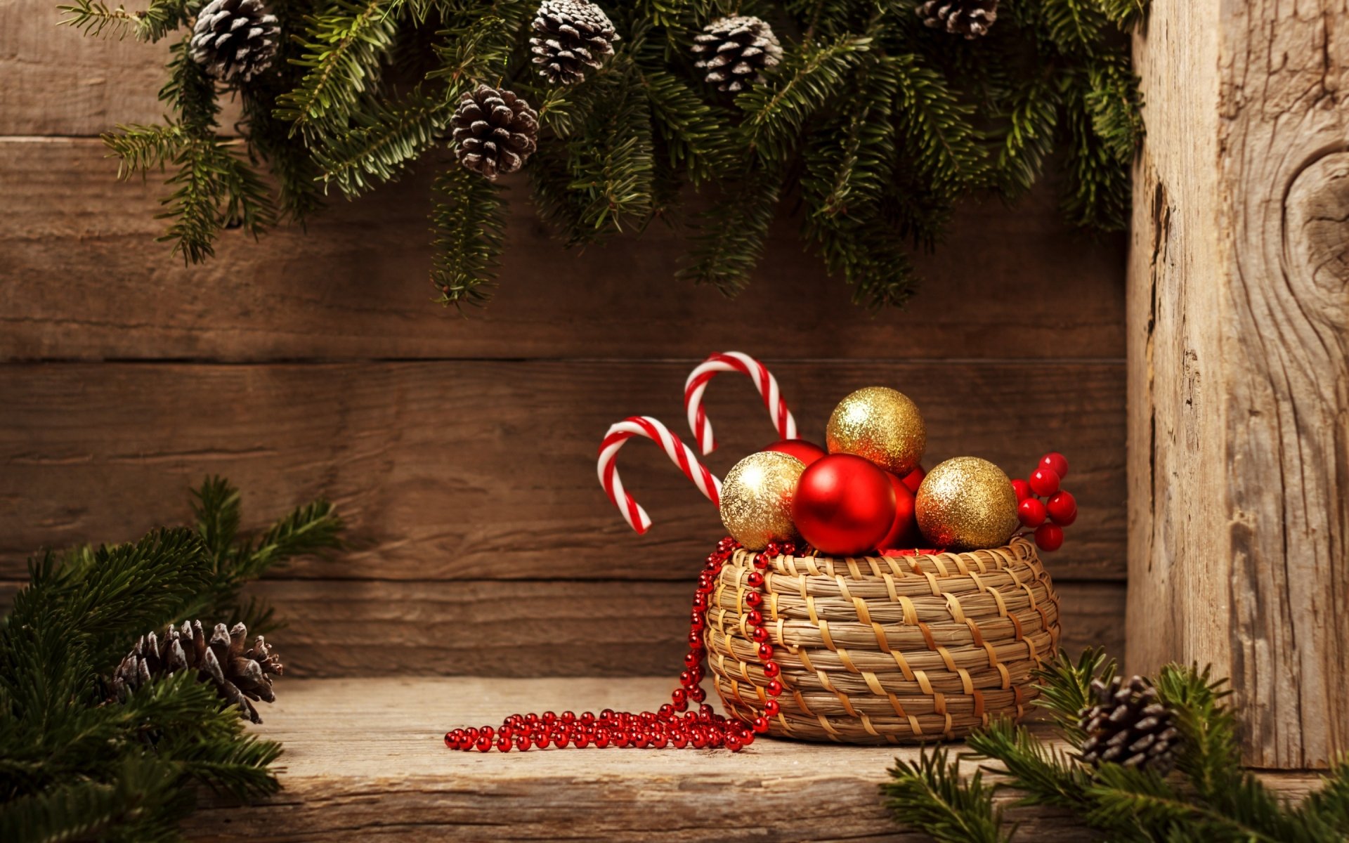 Download Wood Basket Candy Cane Holiday Christmas Hd Wallpaper