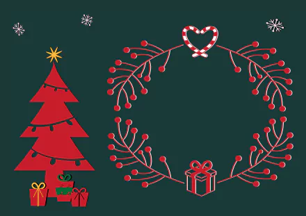 Minimalist Christmas tree with presents and a festive red berry wreath featuring a heart-shaped candy cane, captured in 4K Ultra HD holiday wallpaper style.