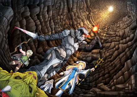HD anime wallpaper featuring Sword Maiden, High Elf Archer, Priestess, and Goblin Slayer exploring a dark cavern with torchlight in the Goblin Slayer series.