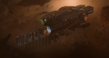 HD sci-fi desktop wallpaper featuring a detailed spaceship traveling through a dark, dusty space environment.