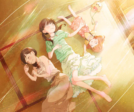Anime wallpaper featuring Momo, Hinata, and Akari Kawamoto from March Comes in like a Lion, peacefully lying on the ground with soft lighting.