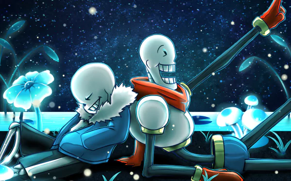 A 4K Ultra HD desktop wallpaper featuring Undertale characters Papyrus and Sans relaxing under a starry night sky with glowing blue flowers.