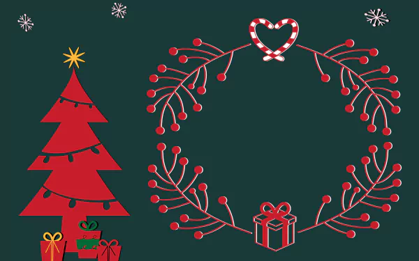 Minimalist Christmas tree with presents and a festive red berry wreath featuring a heart-shaped candy cane, captured in 4K Ultra HD holiday wallpaper style.