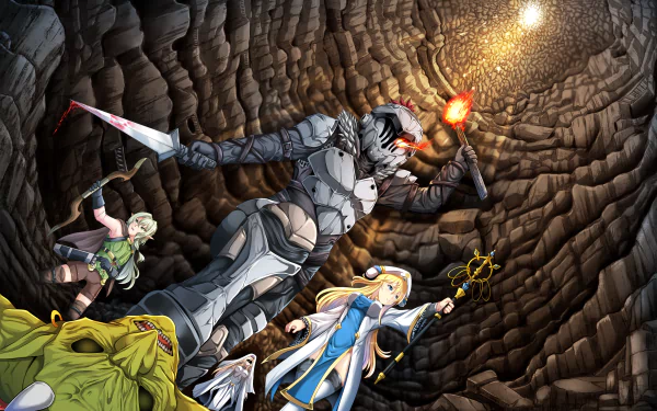 HD anime wallpaper featuring Sword Maiden, High Elf Archer, Priestess, and Goblin Slayer exploring a dark cavern with torchlight in the Goblin Slayer series.