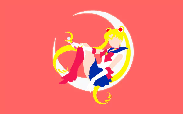 4K Ultra HD anime wallpaper featuring Sailor Moon sitting gracefully with her crescent moon staff against a vibrant coral background.