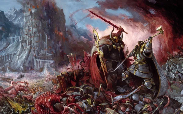A dramatic Warhammer fantasy battle scene, featuring armored warriors clashing amidst chaos and destruction, set against a dark, looming castle backdrop. HD wallpaper for immersive environments.