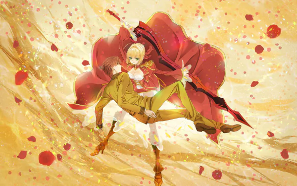 Anime HD wallpaper featuring Hakuno Kishinami and Nero Claudius from Fate/Extra Last Encore, set against a vibrant background of swirling golden hues and dynamic poses.