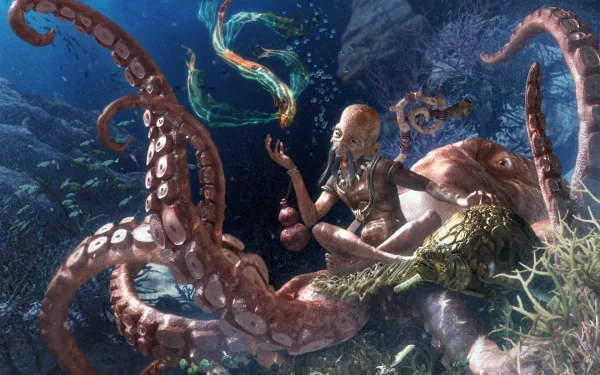 A captivating fantasy scene featuring a sea monster entwined with an octopus, set underwater amidst vibrant marine life. This HD wallpaper transforms your desktop with magical allure.