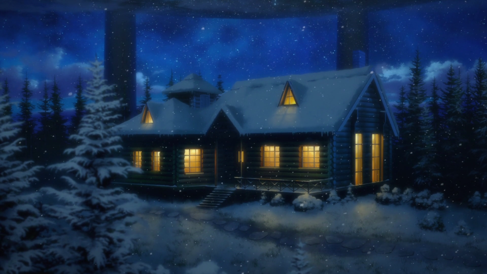 HD PC desktop wallpaper from Sword Art Online II featuring an anime-style snowy cabin scene under a starry night sky.