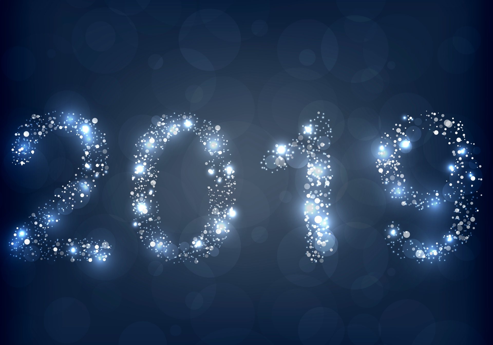 A sparkling 2019 New Year design with glowing, star-like lights on a dark blue background, featured as a 4K Ultra HD PC desktop wallpaper for the holiday season.