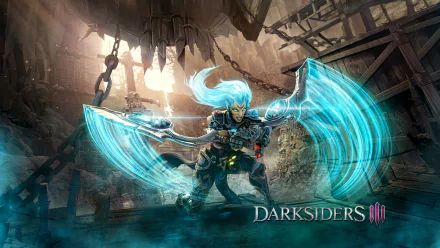 HD PC desktop wallpaper featuring Fury from Darksiders III, showcasing her dynamic battle pose with glowing blue weapons in a dark, industrial setting.